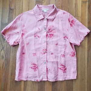 Dressbarn 100% Linen Floral Button‎ Down Polo Size Small